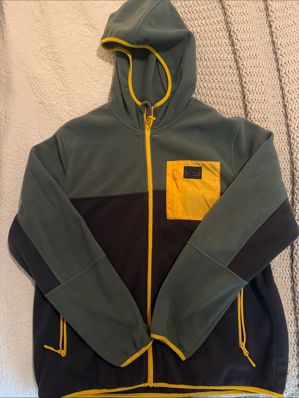 Reebok Olive Green and Yellow Colorblock Hooded Jacket